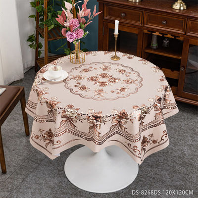 Customized PVC Round Plaid Tablecloth for 10 People White and Green Floral Pattern