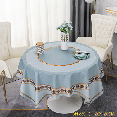 Customized PVC Round Plaid Tablecloth for 10 People White and Green Floral Pattern